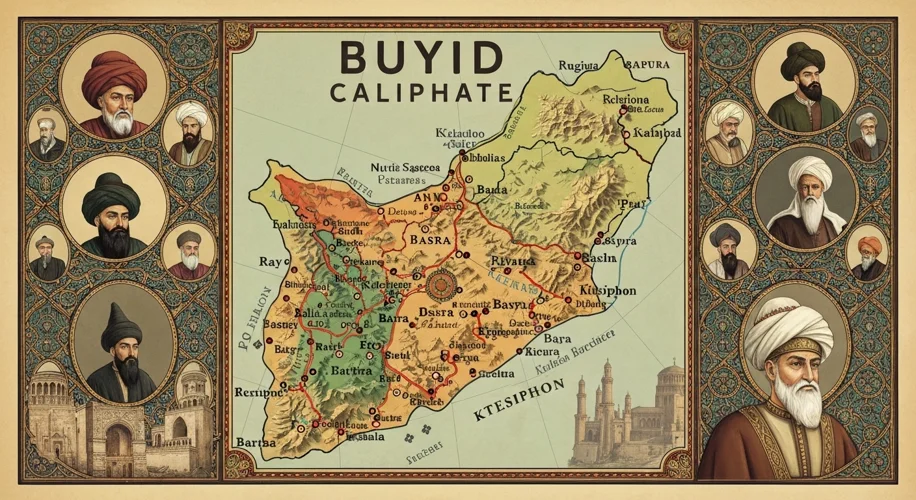 A map of the Buyid Caliphate at its peak, showing the extent of their territories across Persia and 