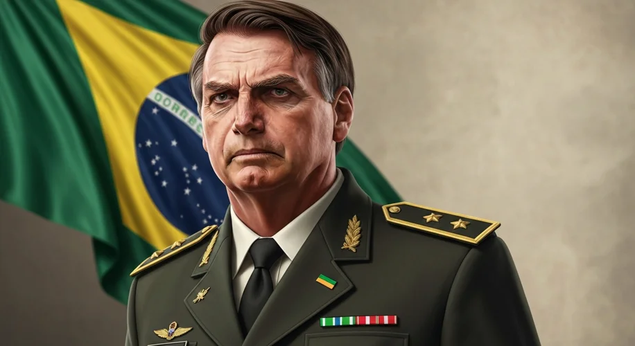 Jair Bolsonaro as a stern-faced army captain in uniform, with a Brazilian flag in the background, co