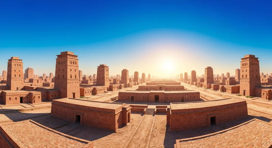A panoramic view of a meticulously planned ancient city, with grid-like streets, brick houses, and a