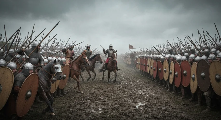 A depiction of the Battle of Hastings, with Norman knights on horseback clashing with English shield