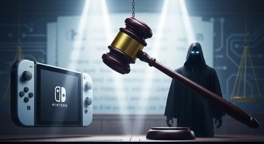 A stylized courtroom scene with a giant Nintendo Switch console on one side and a shadowy figure rep