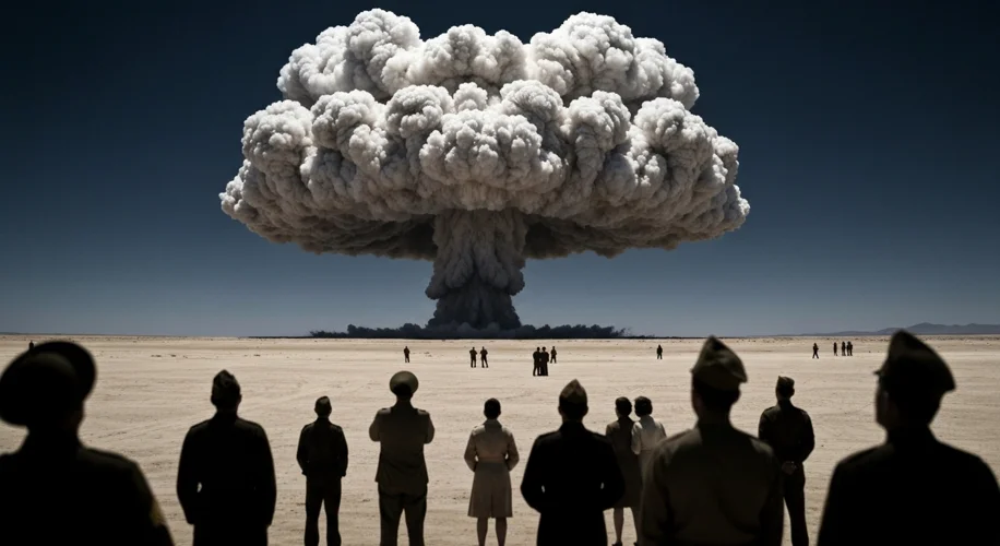 A vintage photograph shows a massive mushroom cloud rising from a nuclear test explosion in the dese
