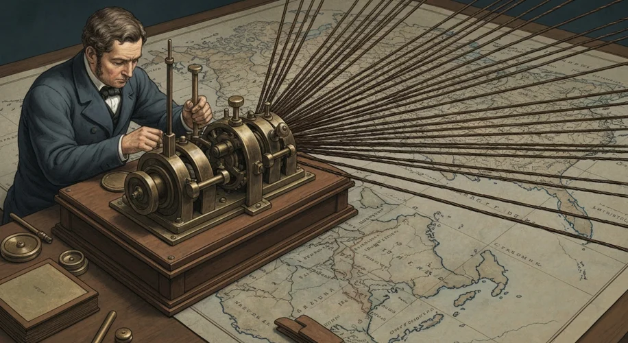 An illustration of Samuel Morse operating his early telegraph machine, with wires stretching across 