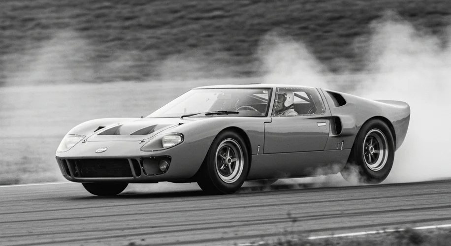 A dramatic black and white photo of the Ford GT40 prototype being tested on a race track in the earl