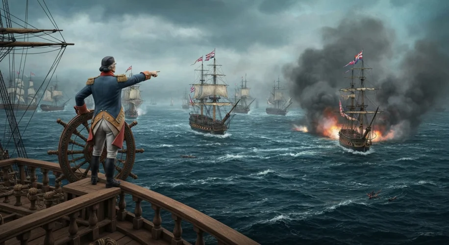 A diorama depicting Admiral Lord Nelson on the deck of HMS Victory, pointing towards the enemy fleet