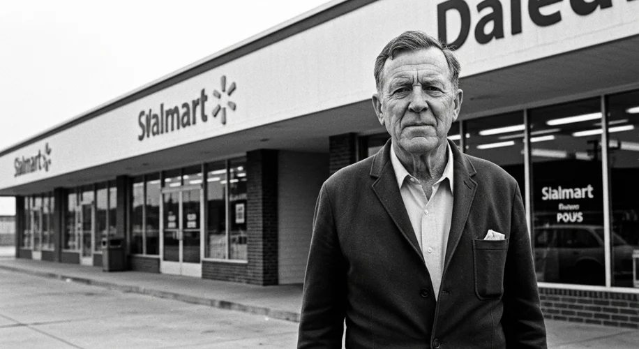 A black and white photograph of Sam Walton standing outside the first Walmart store in Rogers, Arkan