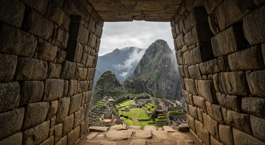 A view from within one of the stone structures at Machu Picchu, looking out through a trapezoidal do