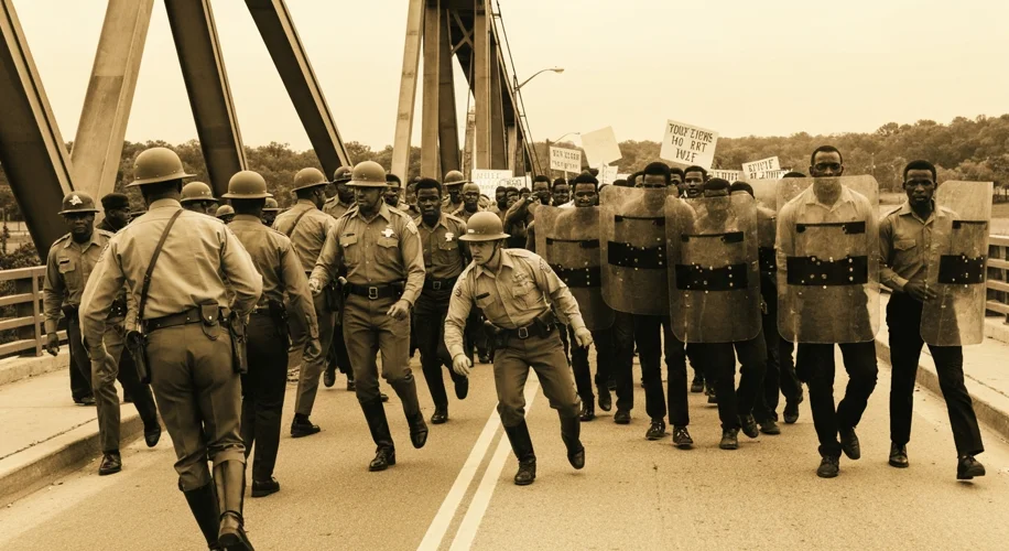 A sepia-toned photograph of the "Bloody Sunday" marchers on the Edmund Pettus Bridge in Selma, Alaba