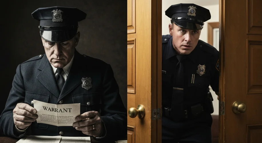 A split image: one side shows a vintage police officer meticulously examining a warrant, the other s