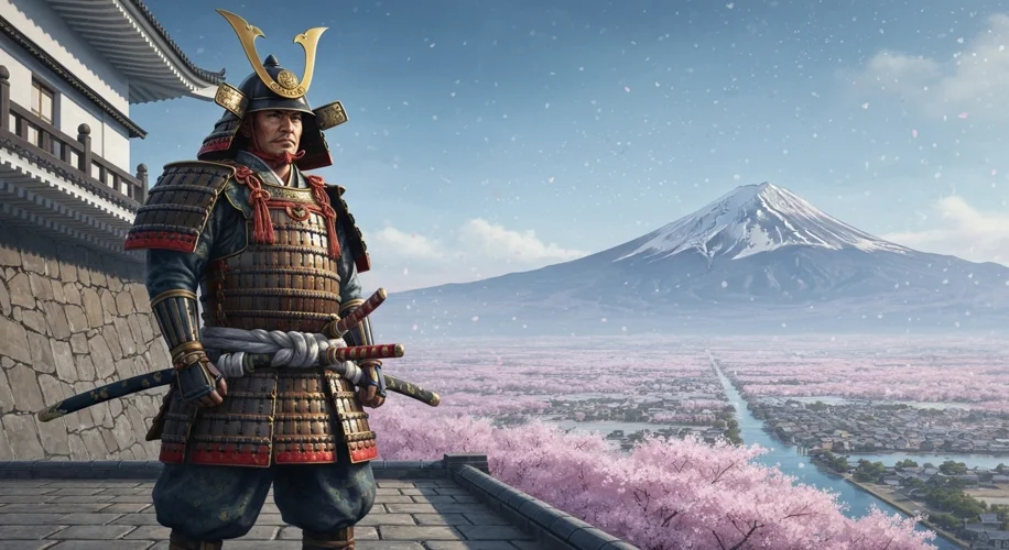 A dramatic depiction of Tokugawa Ieyasu, clad in samurai armor, standing atop a castle rampart overl
