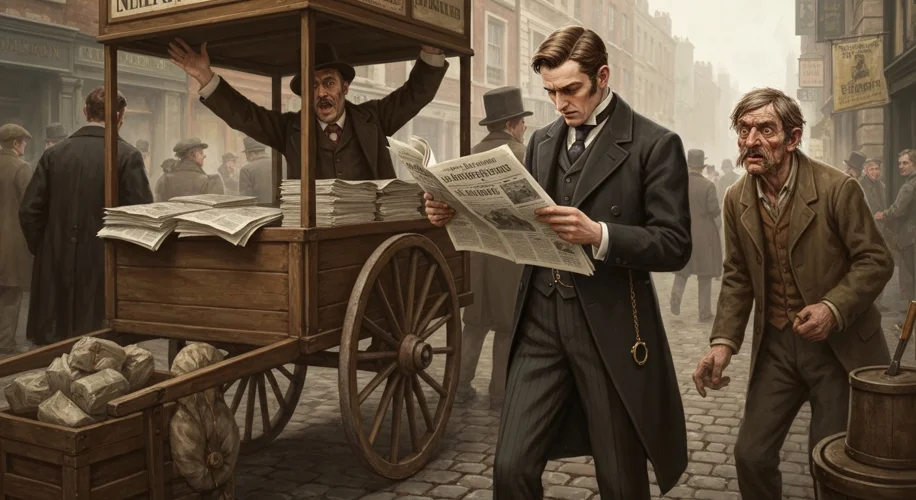 A bustling Victorian London street scene with a street vendor hawking newspapers, a well-dressed gen