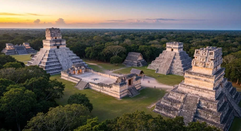 A sprawling Maya city with towering pyramids, intricate carvings, and a ball court, bathed in the go