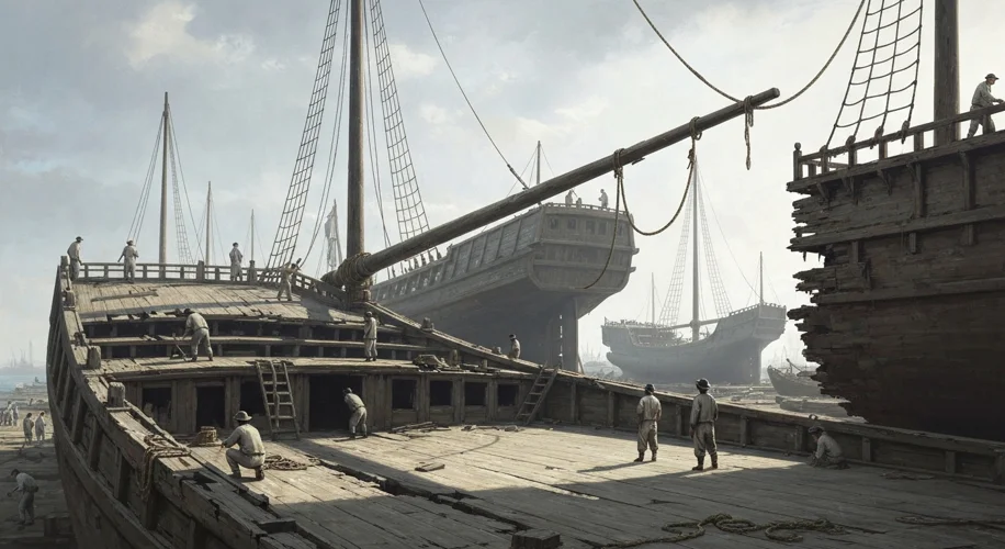 A solemn scene of retired Chinese treasure junks being dismantled or decaying in a shipyard, with fi