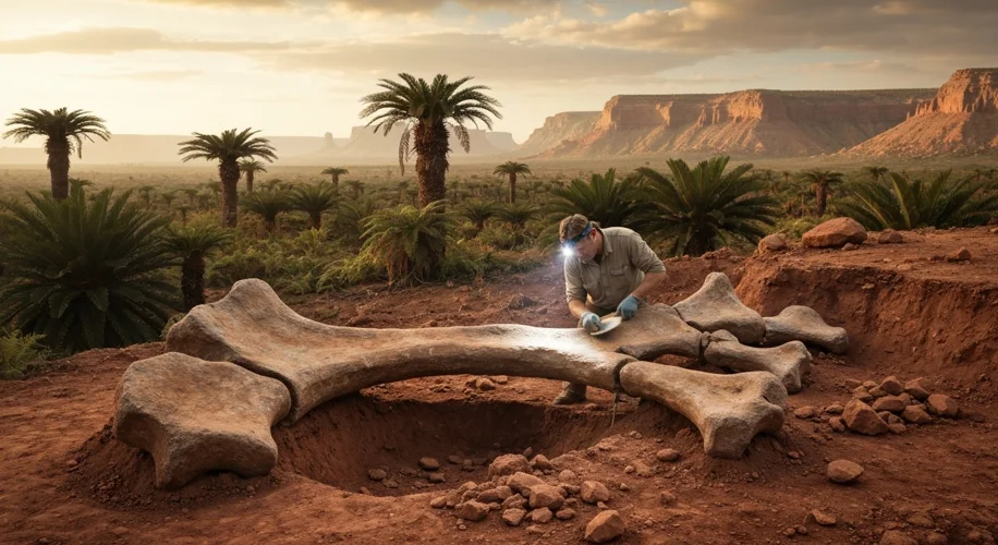 A paleontologist carefully brushes dirt off a massive Giganotosaurus femur bone at a dig site, with 