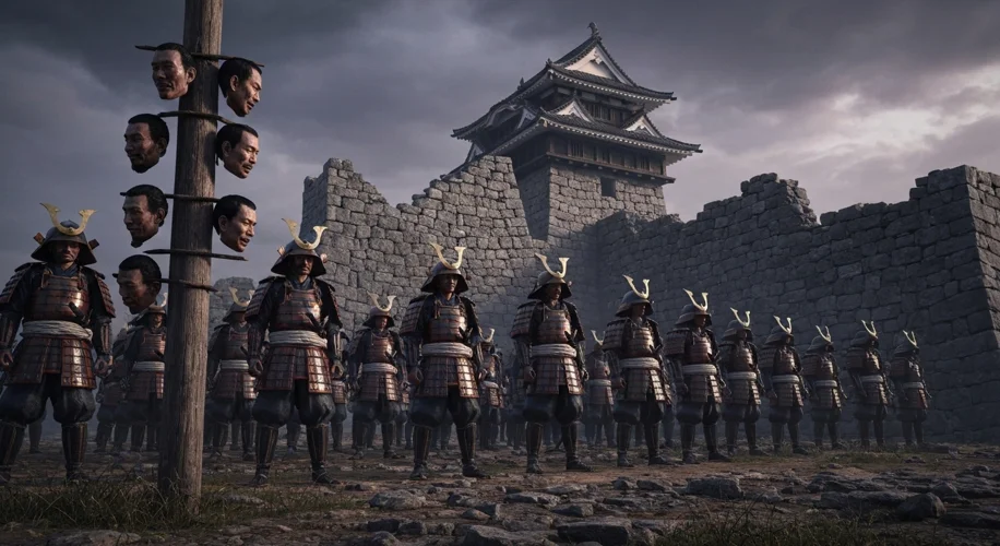 A somber scene of Japanese soldiers standing guard over the ruins of a stone castle, with severed he