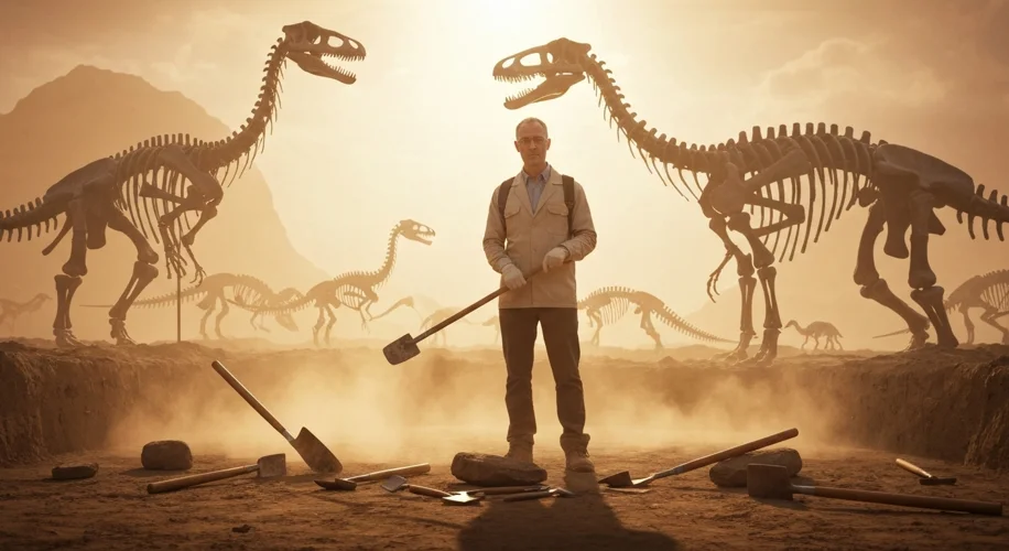 A paleontologist carefully placing a sensitive microphone near a dinosaur fossil in a dig site, with