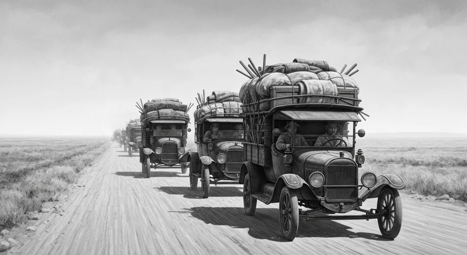 A black and white photograph of a line of Model T Ford trucks and cars, laden with belongings, drivi