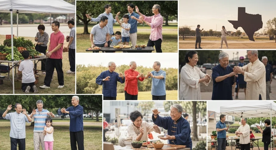 A modern photograph showcasing a diverse group of Chinese Americans, including young professionals, 