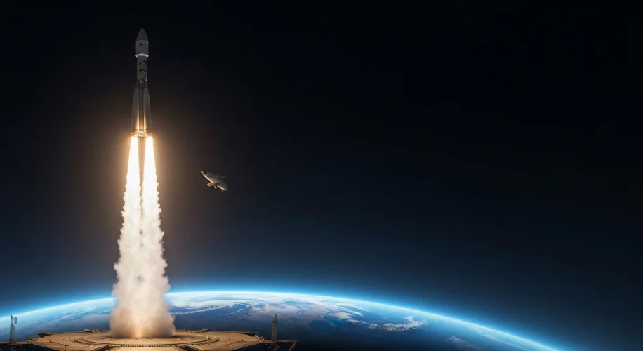 A Soyuz rocket launching from Baikonur Cosmodrome, carrying astronauts to the International Space St