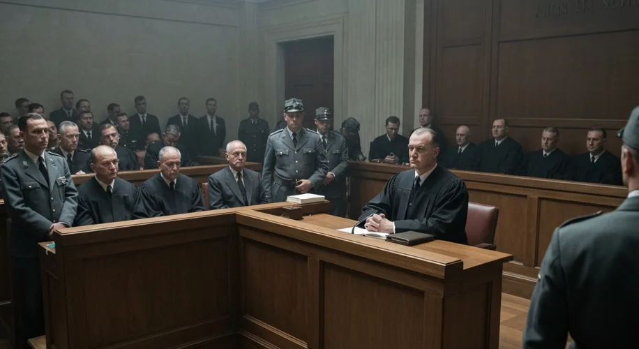 A tense courtroom scene in Jerusalem during the Eichmann trial, with Adolf Eichmann in the defendant