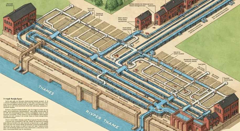 A diagram illustrating the complex network of Bazalgette's Victorian sewer system in London, showing