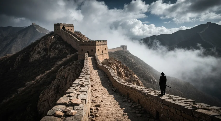 A desolate, wind-swept mountain pass in ancient China, with a rugged, early section of the Great Wal