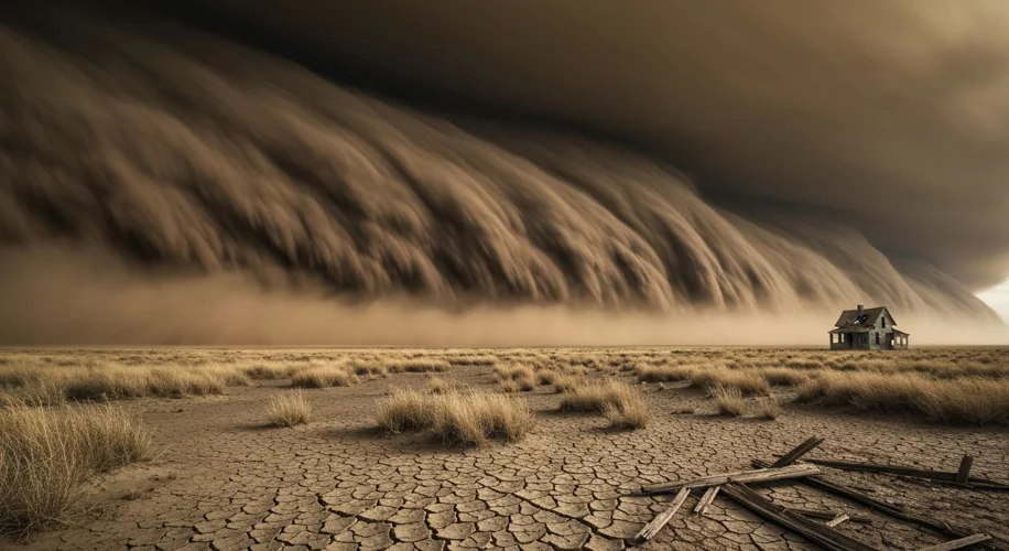 A panoramic view of the American Great Plains during the 1930s Dust Bowl, depicting a massive, dark 