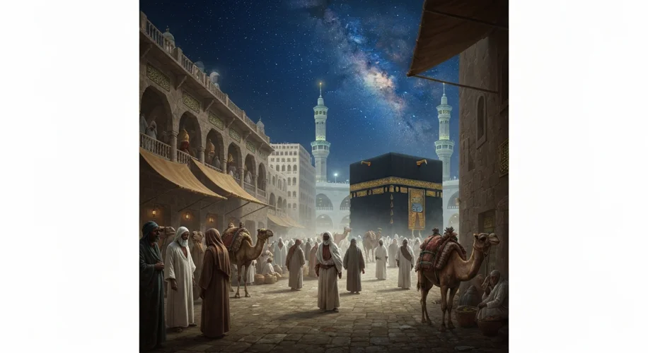 A 7th-century Arabian marketplace in Mecca, bustling with merchants and camels, with the Kaaba in th