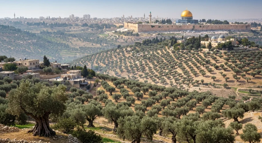 A panoramic view of the West Bank's rolling hills dotted with ancient olive trees and scattered sett