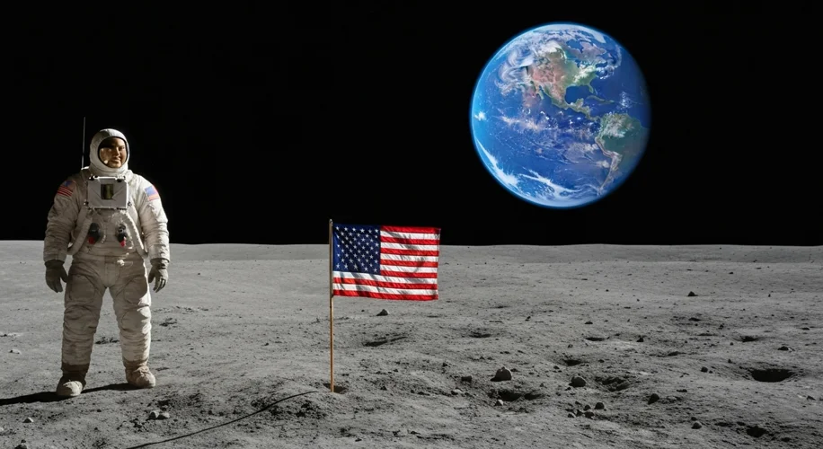 An iconic image of Buzz Aldrin standing on the lunar surface, with the American flag planted nearby 