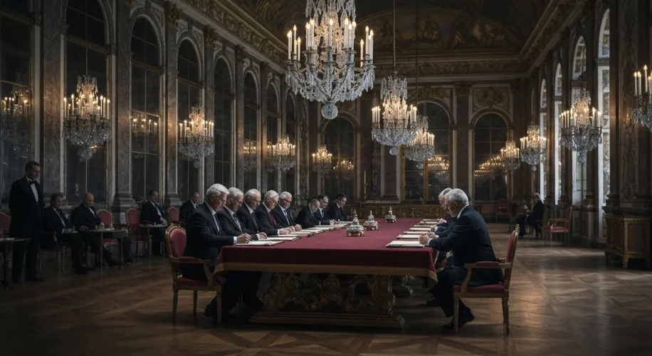 A somber scene inside the Hall of Mirrors at the Palace of Versailles, with world leaders gathered a
