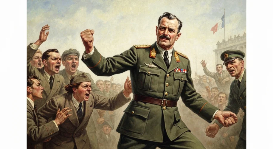 Charles de Gaulle standing on a balcony, addressing a large, cheering crowd in Paris, with the Frenc