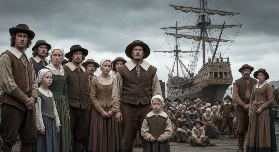 A group of somber English Separatists, men, women, and children, dressed in somber 17th-century atti
