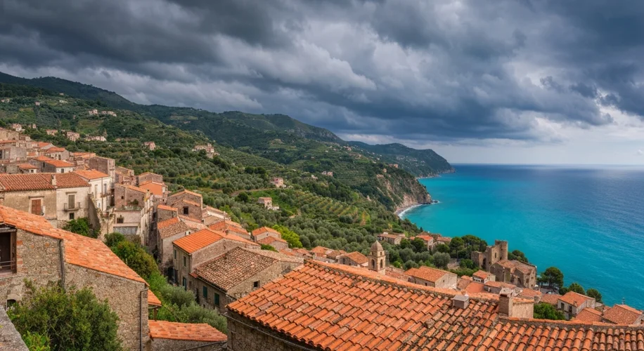 A panoramic view of a Sicilian coastal town with ancient architecture, rolling hills, and the Medite