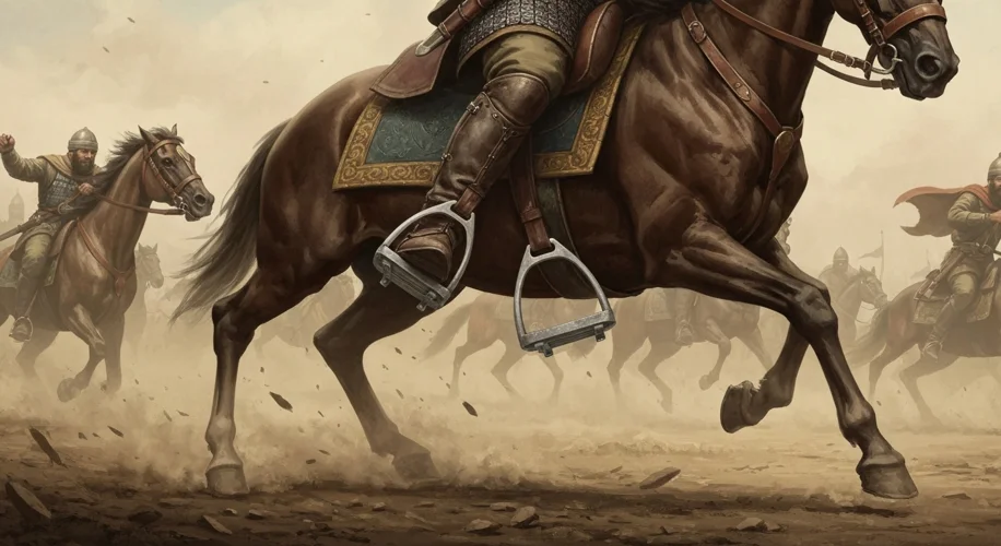 A historical illustration of a Persian cavalryman in the 10th century wearing boots with elevated he
