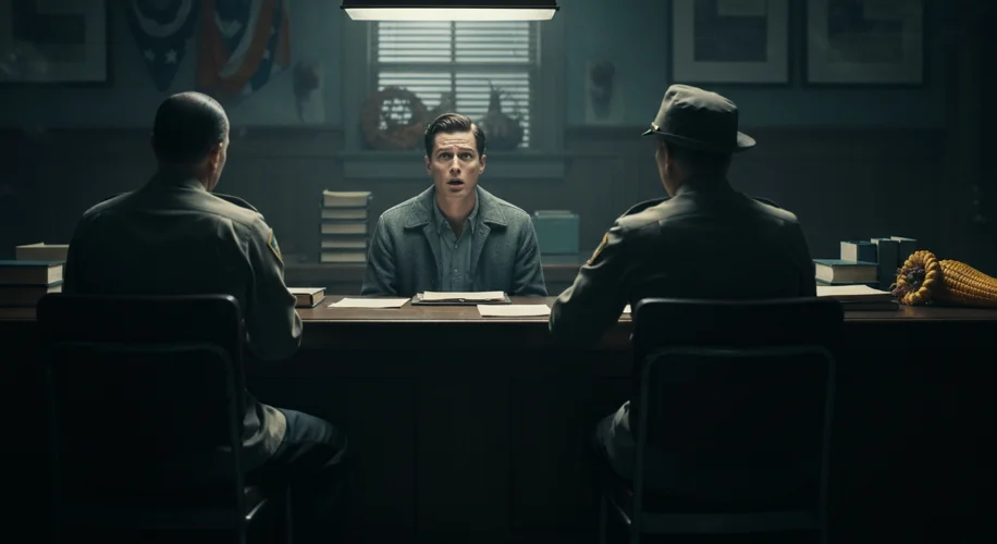 A somber, dimly lit immigration office in the 1950s. A young man, looking bewildered and anxious, si