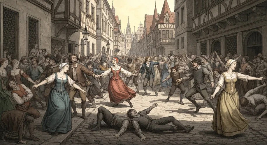 A historical illustration depicting hundreds of people dancing manically in a medieval city street, 