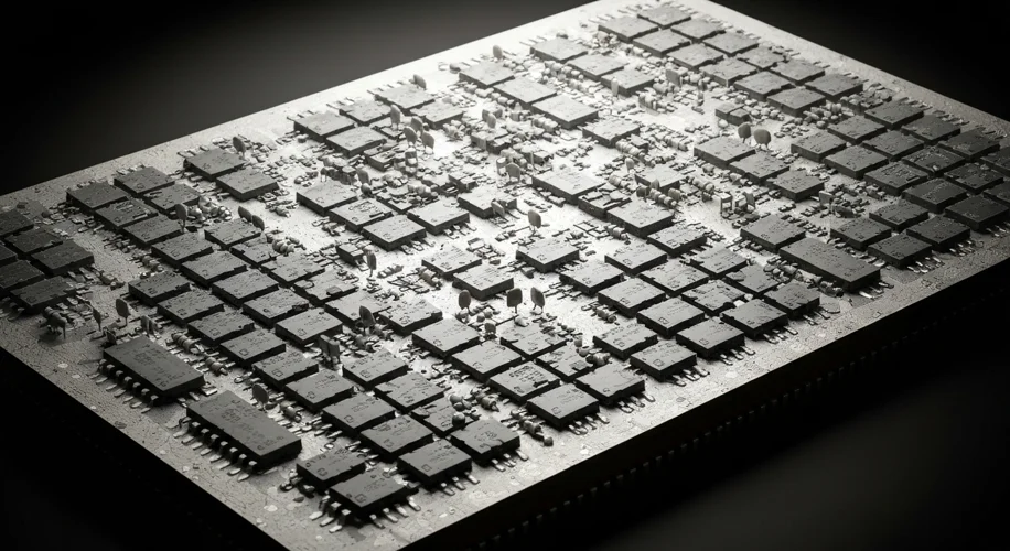 A visual representation of an early integrated circuit (microchip), showing multiple transistors and
