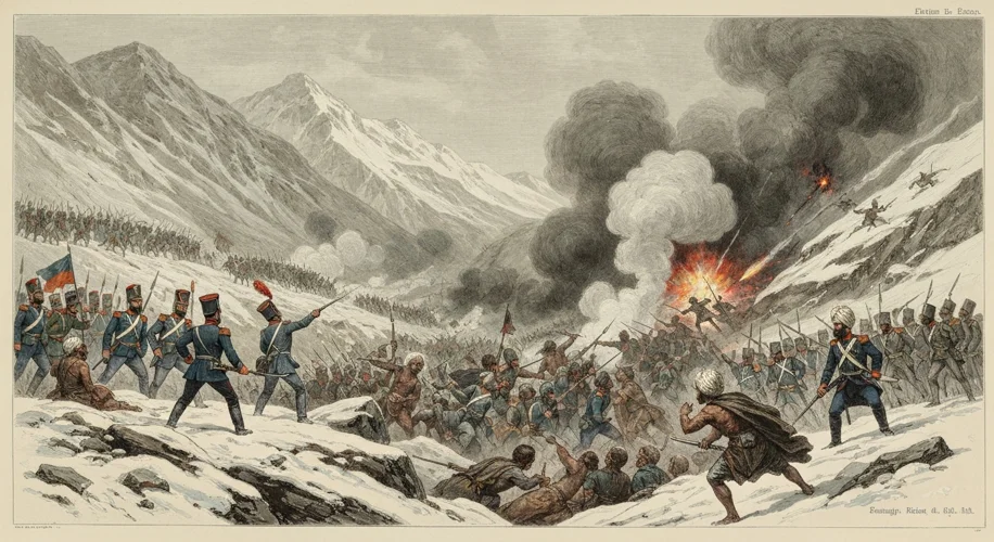 A dramatic 19th-century illustration depicting Russian soldiers clashing with fierce Caucasian warri