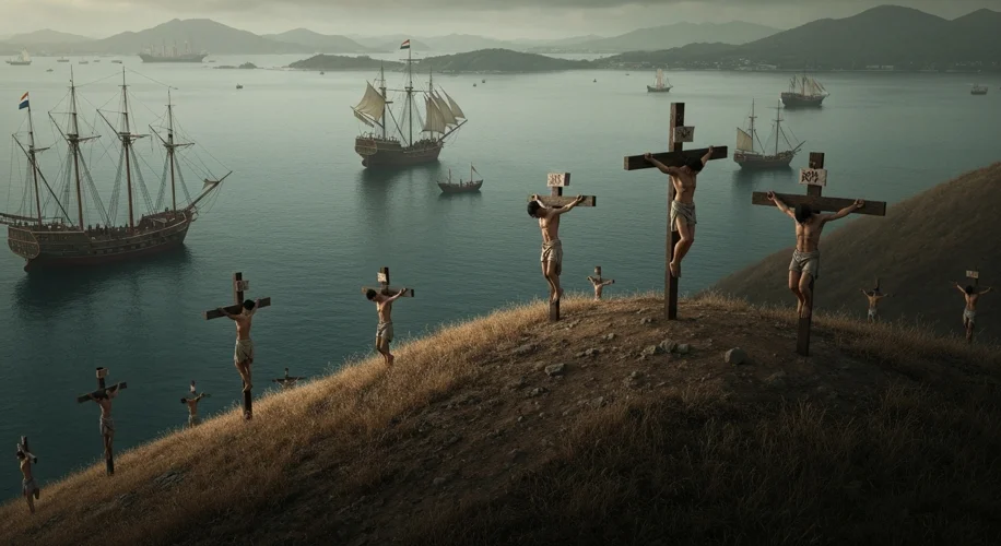 A stark, somber scene of Japanese Christians being crucified on a hill overlooking Nagasaki, with Du