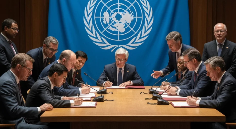Delegates gathered around a large table, intensely debating and signing a document under the stern g