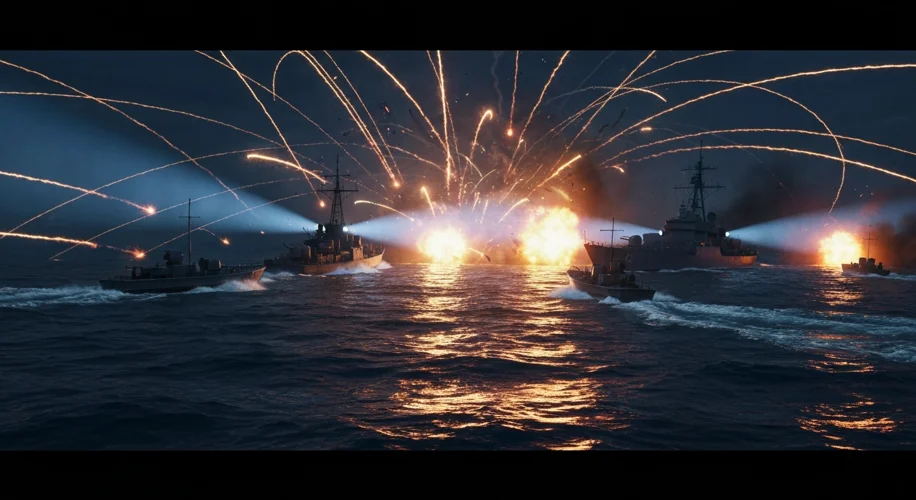 A dramatic scene depicting North Vietnamese torpedo boats appearing to attack a U.S. Navy destroyer 