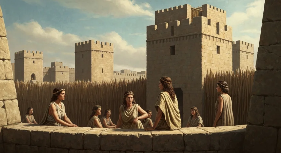 A depiction of women in a fortified ancient settlement, gathered together with determined expression