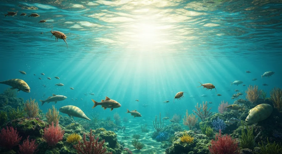 The oceans during the Cambrian period, vibrant with diverse, complex marine life including early art