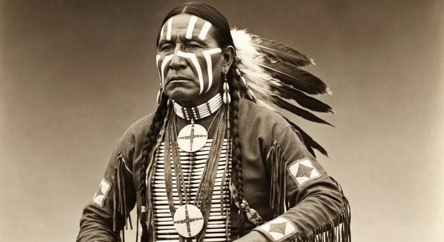 A sepia-toned photograph of a Lakota leader, likely Tasunke Witko (Crazy Horse), looking stoic and r