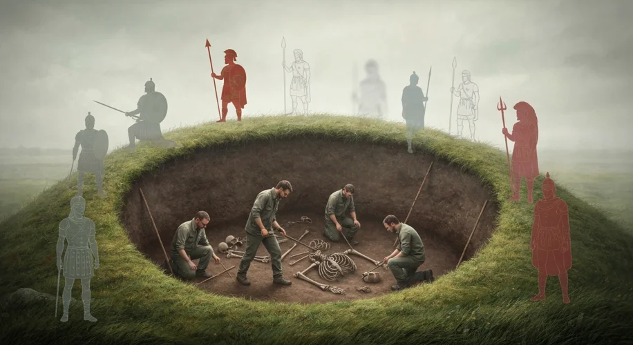 A richly detailed illustration of an Anglo-Saxon burial site, with archaeologists carefully excavati