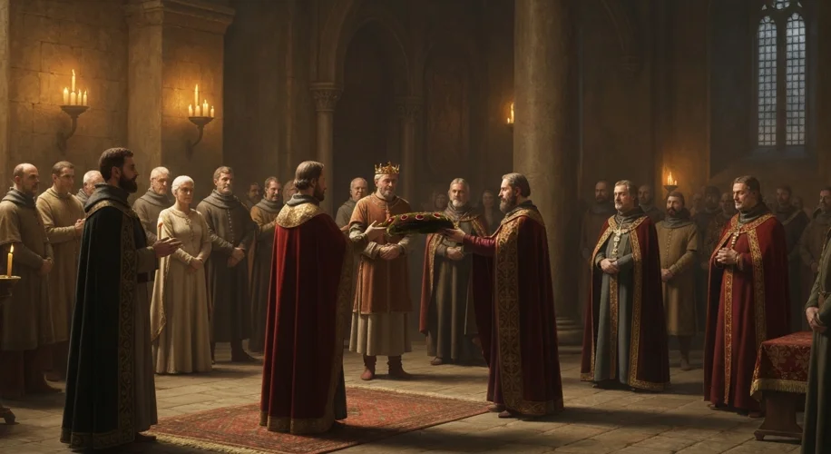 Depiction of Hugh Capet being crowned King of France in 987, with nobles and clergy present, set in 