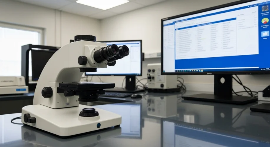 A modern forensic laboratory with advanced equipment, including a digital comparison microscope and