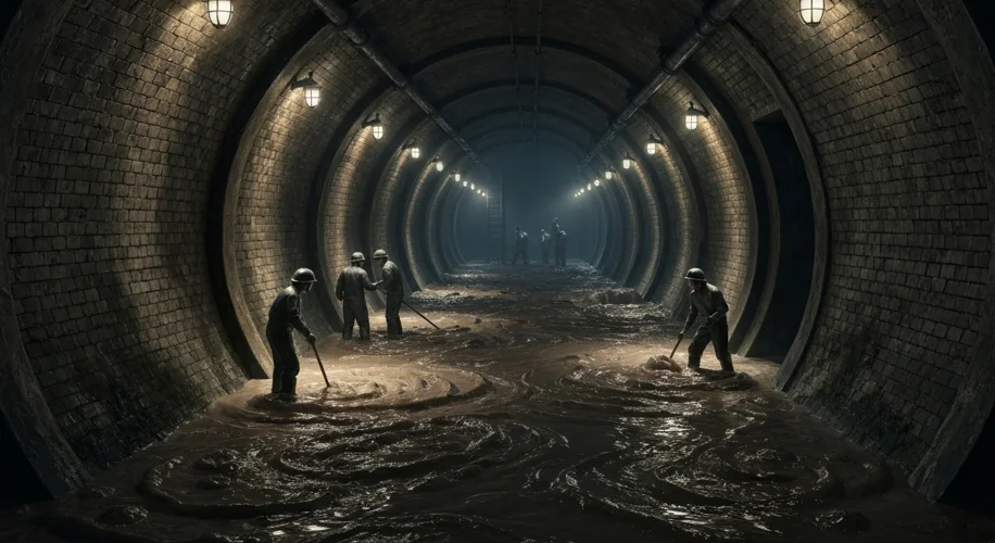 A cutaway view showing the interior of a massive Victorian-era brick sewer tunnel, with a small crew