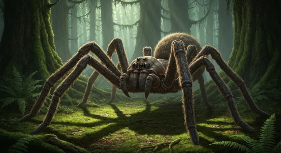 A highly detailed, realistic illustration of a giant prehistoric spider, its body the size of a smal